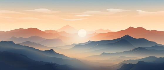 Obraz premium Serene abstract digital artwork of a sunrise over misty mountains, showcasing calming and beautiful landscapes with soft colors.