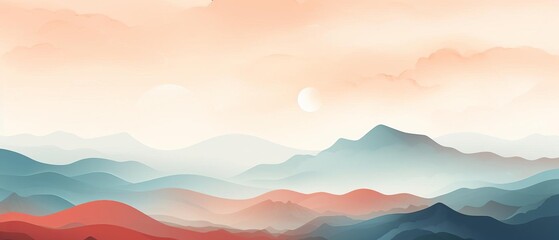 A serene abstract landscape with pastel-colored mountain ranges and a soft sunrise, creating a calming and peaceful atmosphere.