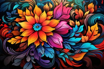 Vibrant and colorful floral artwork featuring a stunning array of flowers and leaves in a dynamic, abstract composition.