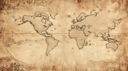 Vintage world map illustration with an antique, sepia-toned appearance, featuring continents and oceanic details, great for historical and educational use