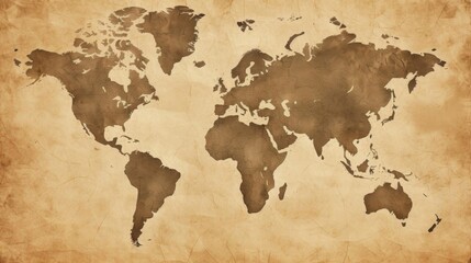 Vintage world map on aged parchment texture, highlighting continents and countries. Perfect for educational, travel, and historical use.
