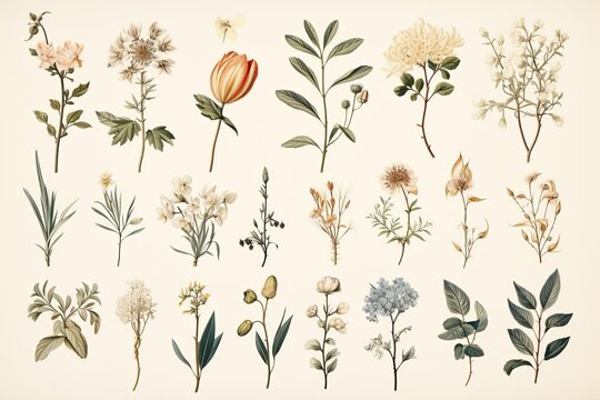 A collection of vintage botanical illustrations showcasing various flowers and plants on a beige background.