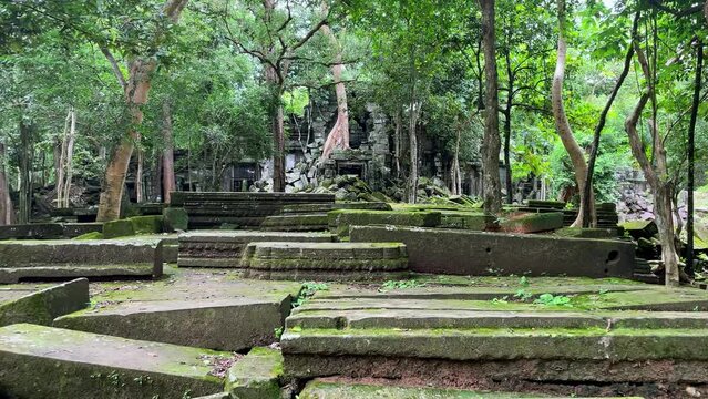 POV dolly in establishing of Beng Mealea temple ruins in slow motion, Cambodia's lone tourist site