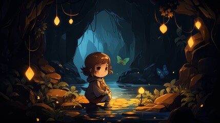 Vibrant chibistyle cave drawing with cartoonish flair.