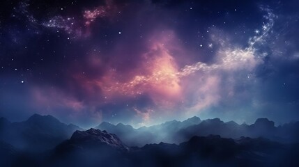 A breathtaking view of a mystical night sky with vibrant nebulae and stars, hovering above a serene mountain landscape.
