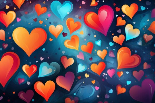 Colorful heart shapes in various sizes floating against a vibrant, gradient background. Perfect for romantic or love-themed designs.