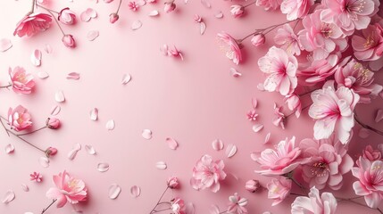 Vibrant, Pink Cherry Blossom Bouquet in Focus against a Light Pink Background.