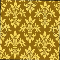 Seamless pattern of regal fleur-de-lis motifs in rich gold tones, perfect for a luxurious and elegant gift wrap, Generative AI