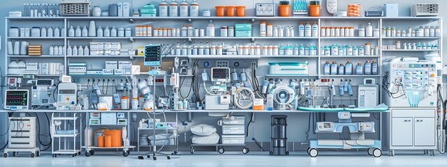 Modern Hospital Room Meticulous Display of Medical Equipment and Supplies in a Digital Painting