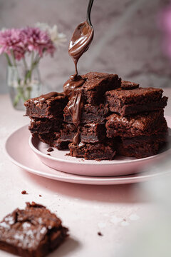 brownies with melted chocolate and pink florals