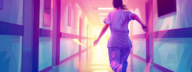 Backlit Nurse in Lilac Scrubs Rushing Down dimly Lit Hospital Wing Conveying the HighStakes Nature