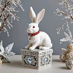 A white rabbit figurine with a red collar is sitting on a white box.