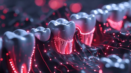 Digital rendering of human teeth with glowing circuit patterns, symbolizing the integration and connection between technology in dental care. The dark grey background contrasts against neon red lights