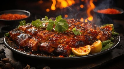 Delicious grilled yakitori with vegetable toppings, blur background