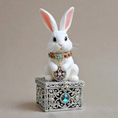 A cute white rabbit statue wearing a bright red collar rests gently atop a white box.