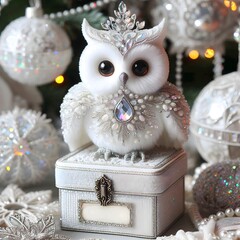 A snowy white owl sitting regally on a box, with charming ornaments encircling it.