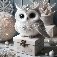 An elegant white owl settled gracefully on a box surrounded by delightful ornaments.