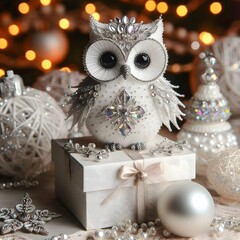 A majestic white owl perched on a box adorned with beautiful ornaments.