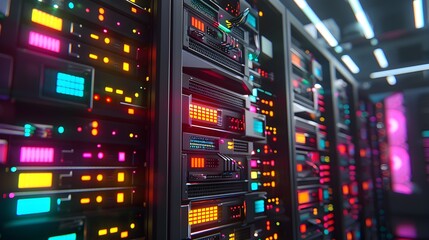 Overclocked Server Rack Vibrantly Illuminating Data Center Atrium with Brutalist Architectural Style