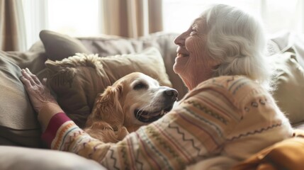 An elderly woman and her dog sharing a peaceful, joyful moment in her living room.