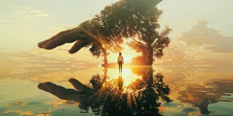 A double exposure of the silhouette of an outstretched hand filled with water and trees, in front is walking woman wearing dark , sunset background - Powered by Adobe