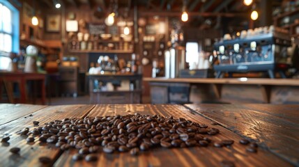 Coffee beans are focused in the foreground with a blurred background of a cozy cafe interior with various elements
