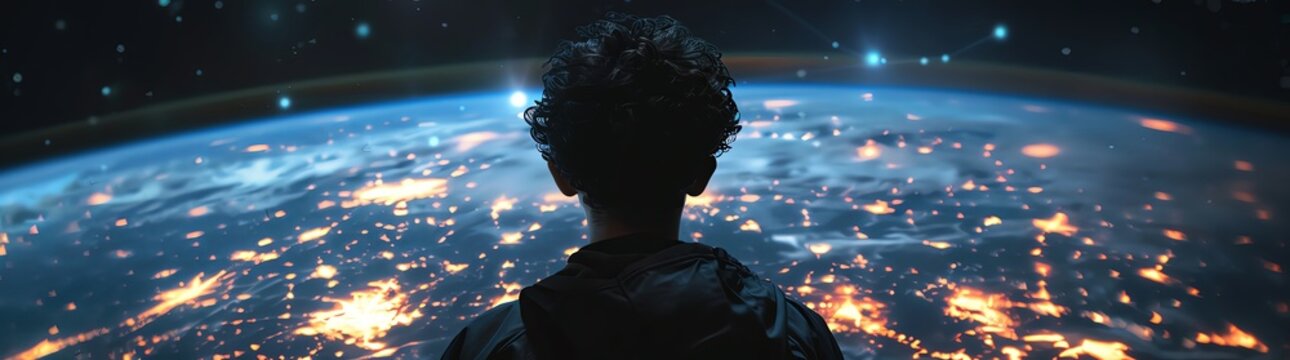 A person with short curly hair stands in front of the Earth, looking at glowing lights on it from space, in a cinematic style. The image has a scifi and science fiction feel with high resolution and h
