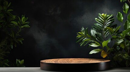 podium for product stand or display with plant background and cinematic light, front view
