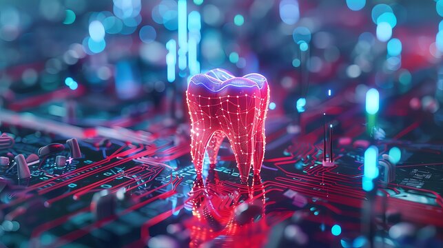 3D rendering of a glowing red and blue tooth in a dental circuit board, with a high-tech background and neon lights, showing a closeup view of teeth on a dark surface. With a tech aesthetic and blurre