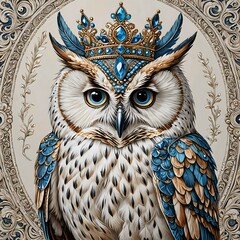 A Painting of an owl proudly sporting a regal blue crown on its head.