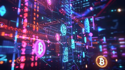 Obraz premium Vibrant Cryptographic Algorithms Powering a Dynamic Blockchain Network in a Retrofuturistic