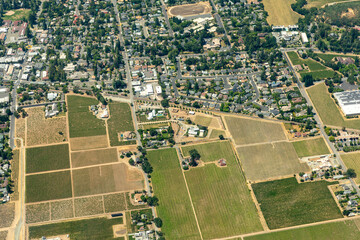 Aerial view of green rows of plants in farm fields, vineyards, and the agricultural towns of norther California