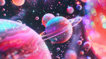 light pink candy planets,Large colorful candy saturns, dark night space background, shiny pearl wrappers, glitter dust, chocolate, water droplets