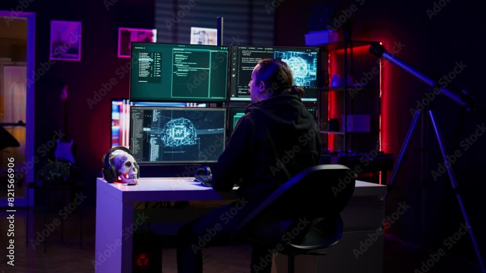 Poster hacker in hideout interrupted by police sirens from writing malware code on computer, running to esc