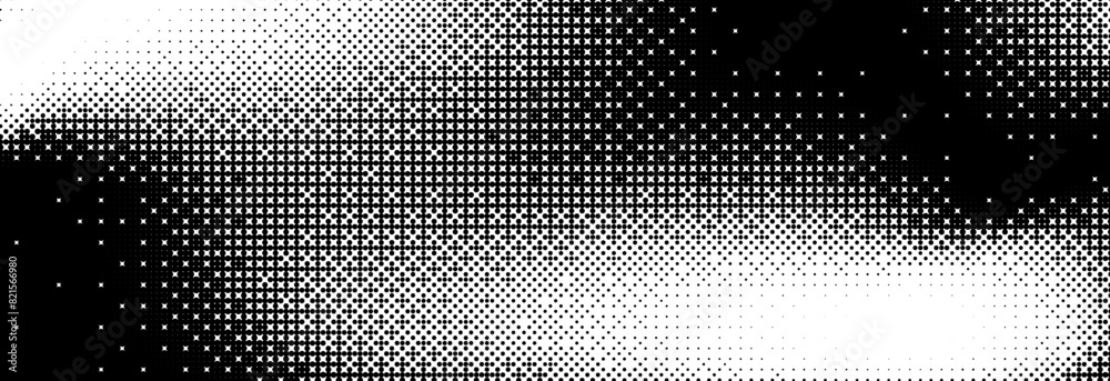 Aufkleber Pixelated bitmap grunge gradient texture. Black dither pattern wallpaper. Abstract glitchy pattern. 8 bit video game background. Wide raster backdrop. Retro pixel art Illustration. Vector