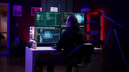 Hacker in hideout interrupted by police sirens from writing malware code on computer, running to escape before getting caught. Criminal den found by anti hacking law enforcement, camera B