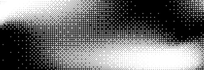 Pixelated bitmap grunge gradient texture. Black dither pattern wallpaper. Abstract glitchy pattern. 8 bit video game background. Wide raster backdrop. Retro pixel art Illustration. Vector