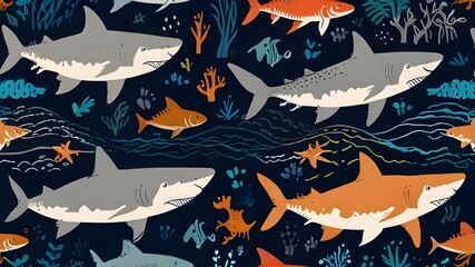 Vector hand-drawn colored childish seamless repeating simple doodle pattern with sharks in scandinavian style on a white background. Cute baby animals. Pattern for kids with sharks. Sea. Underwater Ge