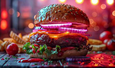 close up juicy beef burger with fries in the background and neon lights