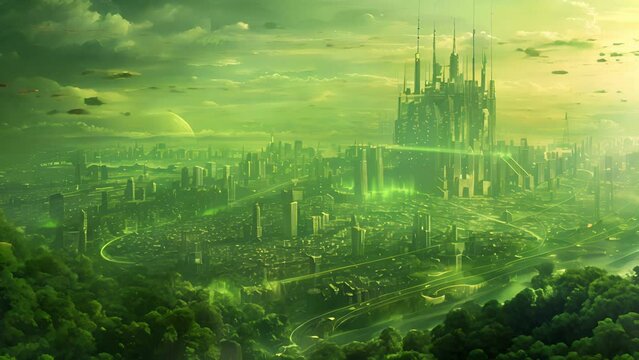 A futuristic city with flying cars and advanced technology, isolated on a green background