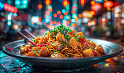 close up chinese dish chicken and noodle meal with neon city lights in the background
