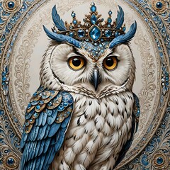 A Painting of an owl looking resplendent in a magnificent blue crown on its head.