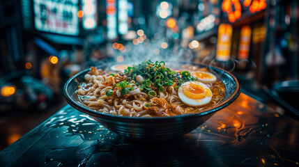 close up ramen dish with neon city lights in the background