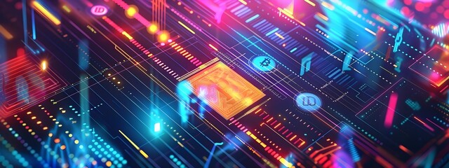 Fototapeta premium BlockchainPowered Digital ID Verification A Vibrant D Embracing RetroFuturism and Psychedelic Art