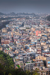 Close up on the residential district in Guilin, China. Favella like buildings