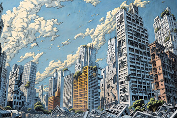comic book illustration of a crumbling cityscape in ruins after a disaster/ war/ explosion/ attack 