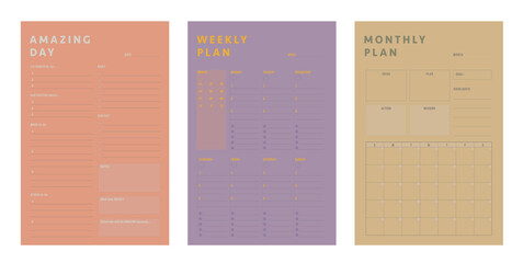 3in1 weekly Daily Monthly Planner. Minimalist planner template set. Vector illustration.	