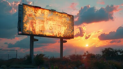 Beautiful sunset with a large, blank sign board on a highway and a foggy sky in the background a topic of advertisement, Generative AI.