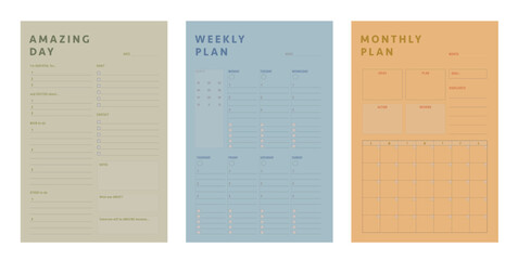 3in1 weekly Daily Monthly Planner. Minimalist planner template set. Vector illustration.	