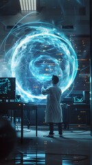 Obraz premium Quantum Energy Experiment in Progress A Scientists Determined Pursuit of Solarpunk Innovation